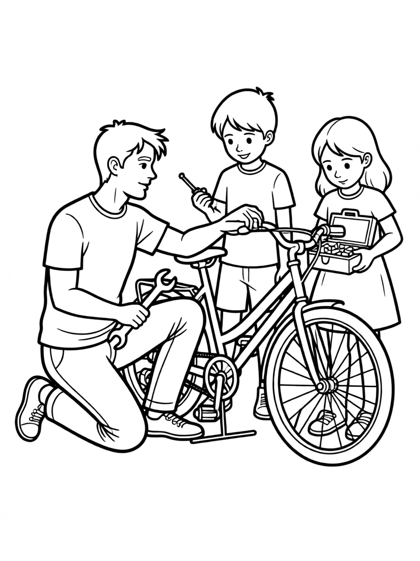 (family) Kids helping dad repair something