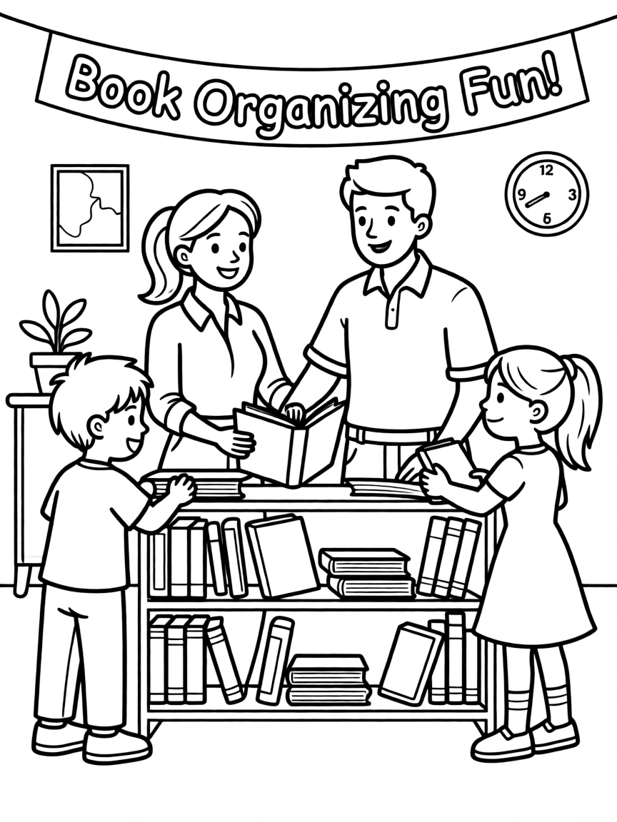 (family) Kids helping parents organize books