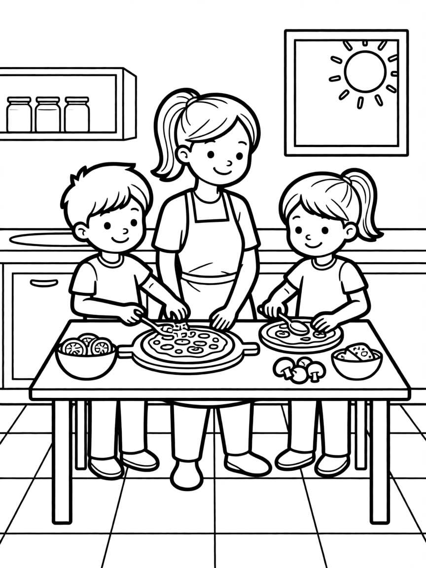 (family) Kids helping mom make pizza