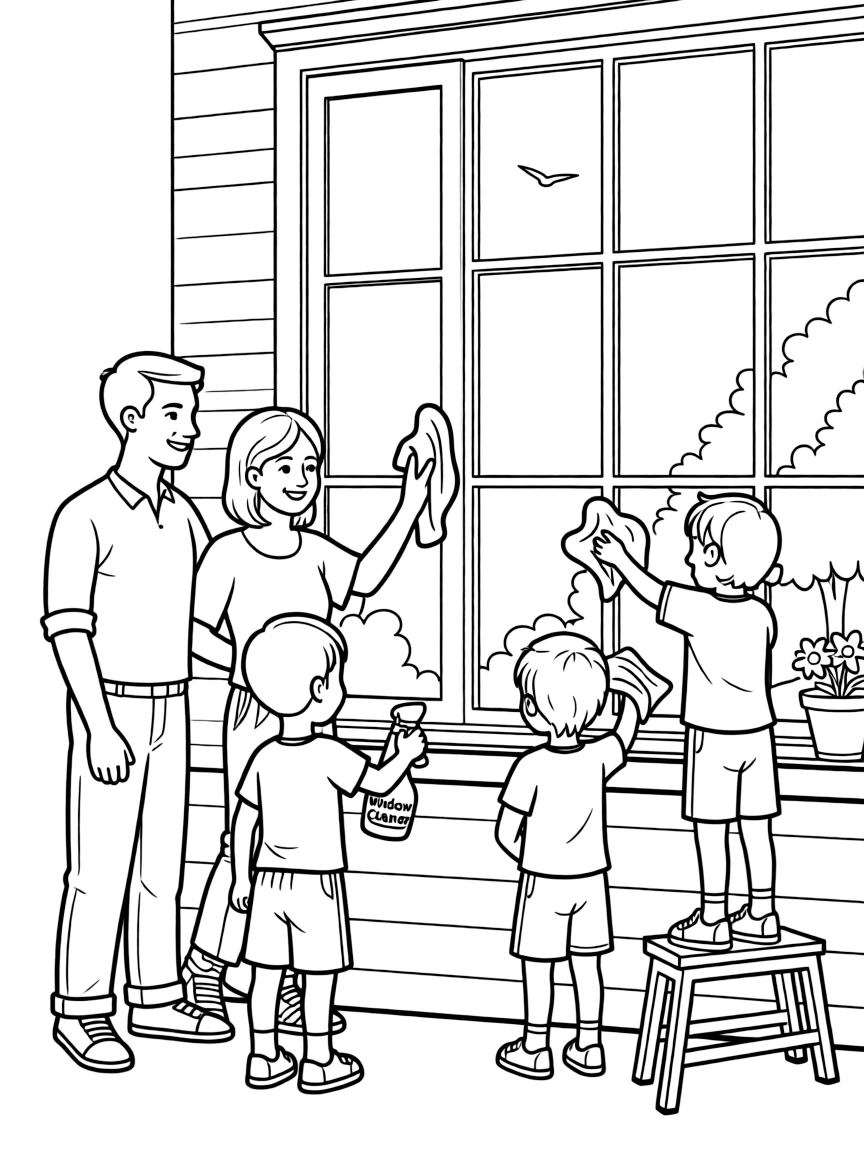 (family) Children helping parents clean windows