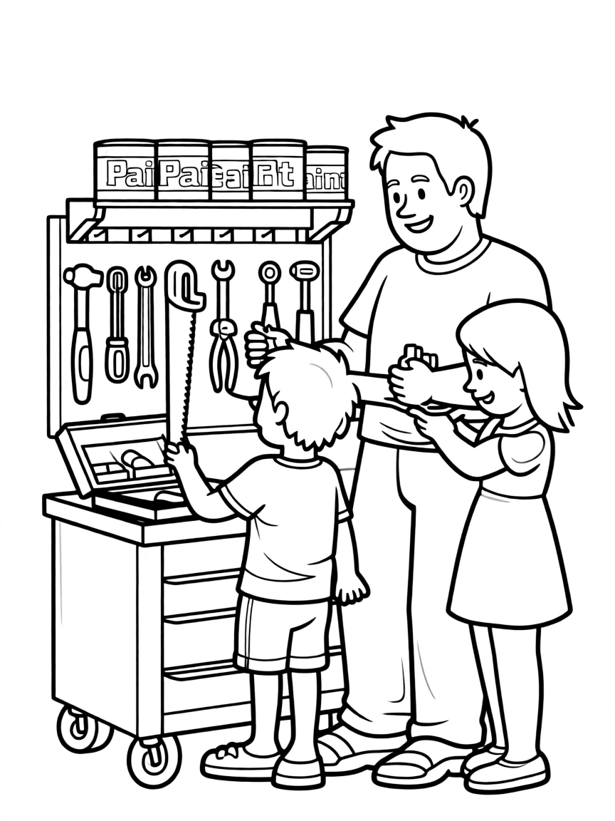 (family) Kids helping dad organize tools