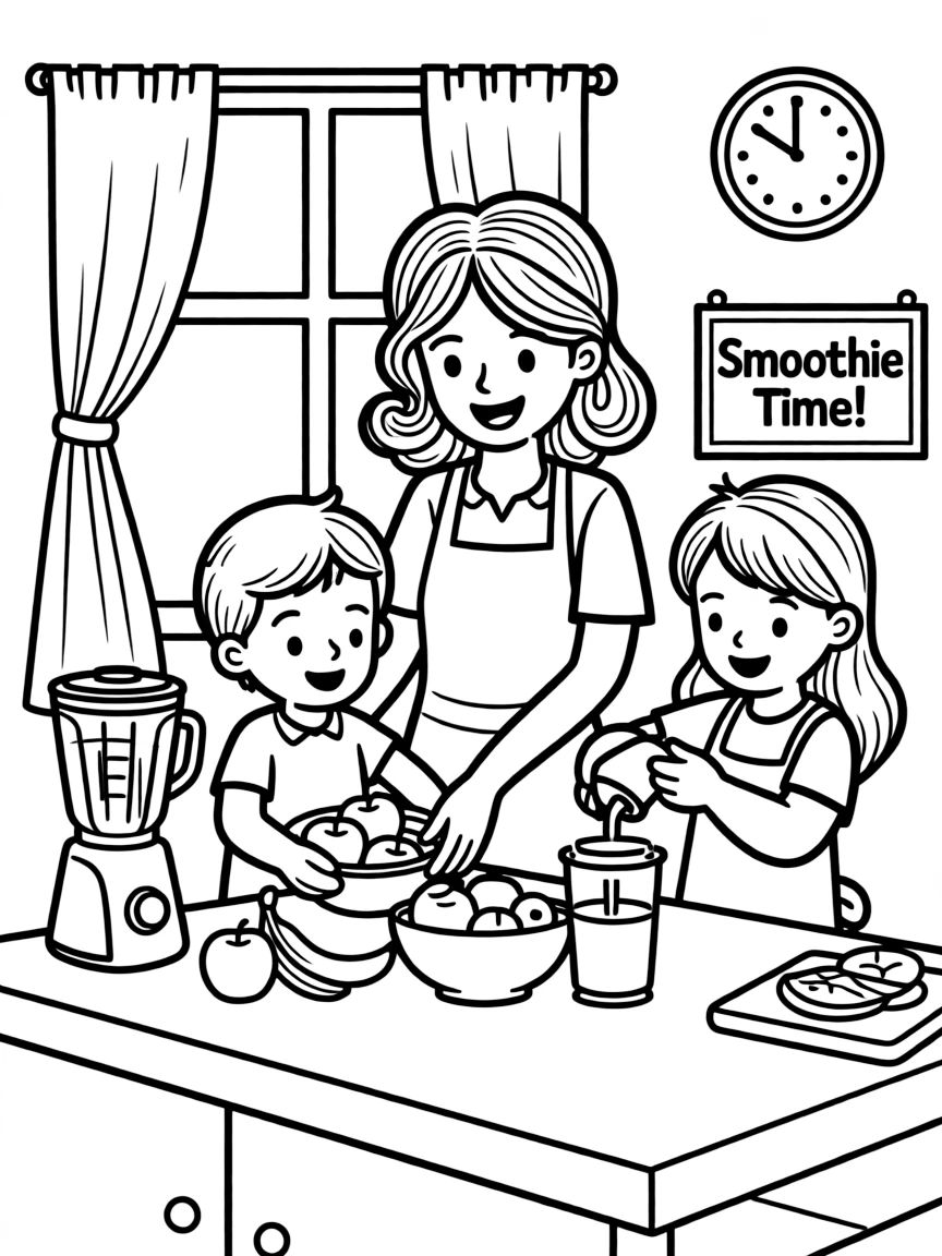 (family) Children helping mom make smoothies