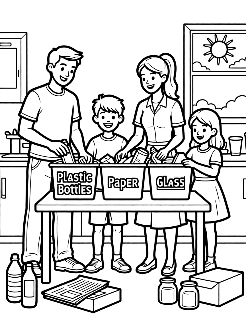 (family) Kids helping parents sort recycling