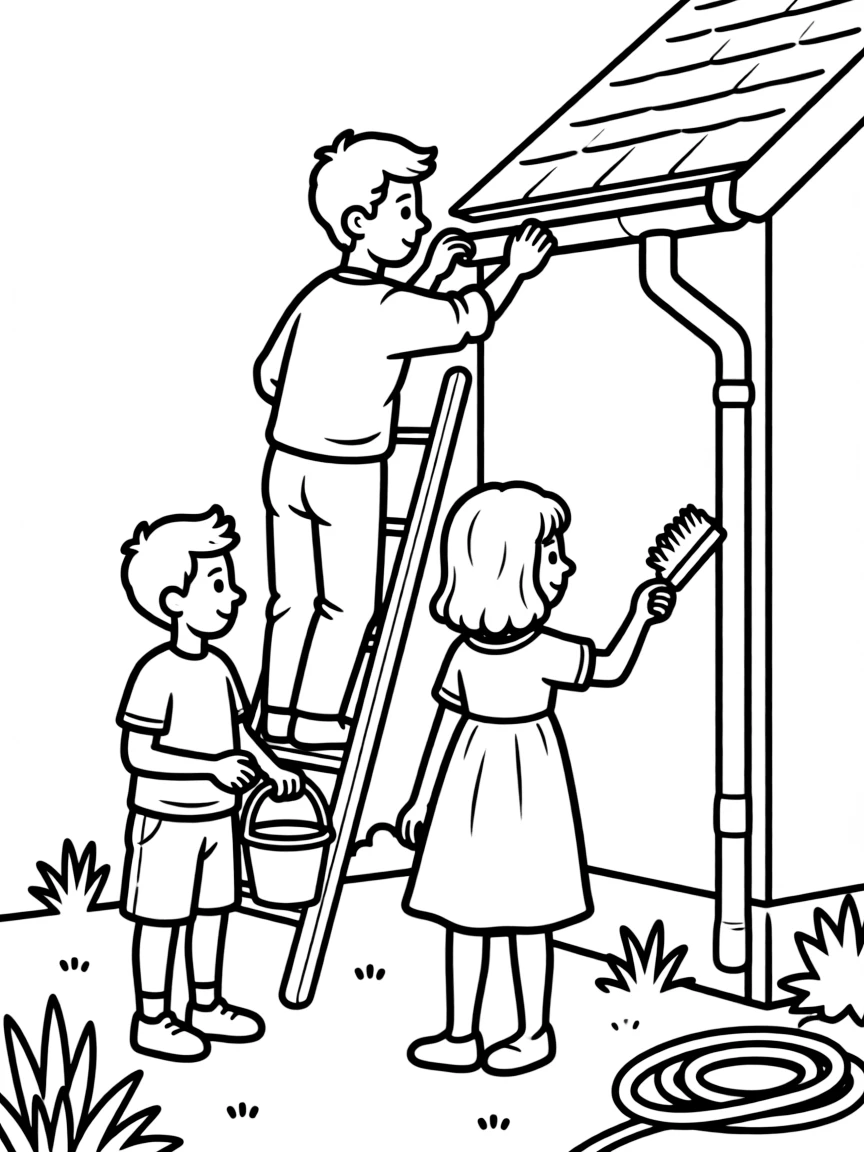 (family) Children helping dad clean gutters