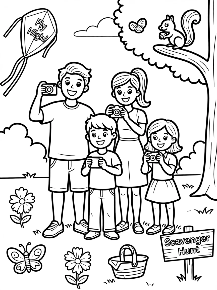 (family) Family having a photo scavenger hunt