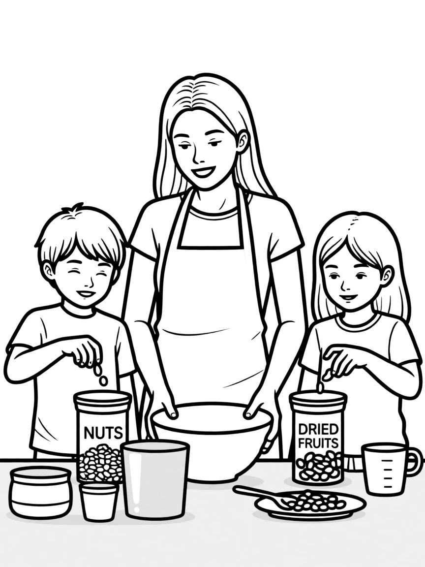 (family) Kids helping mom make trail mix