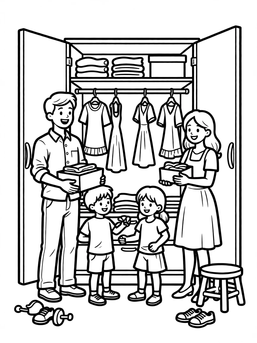 (family) Children helping parents organize closets