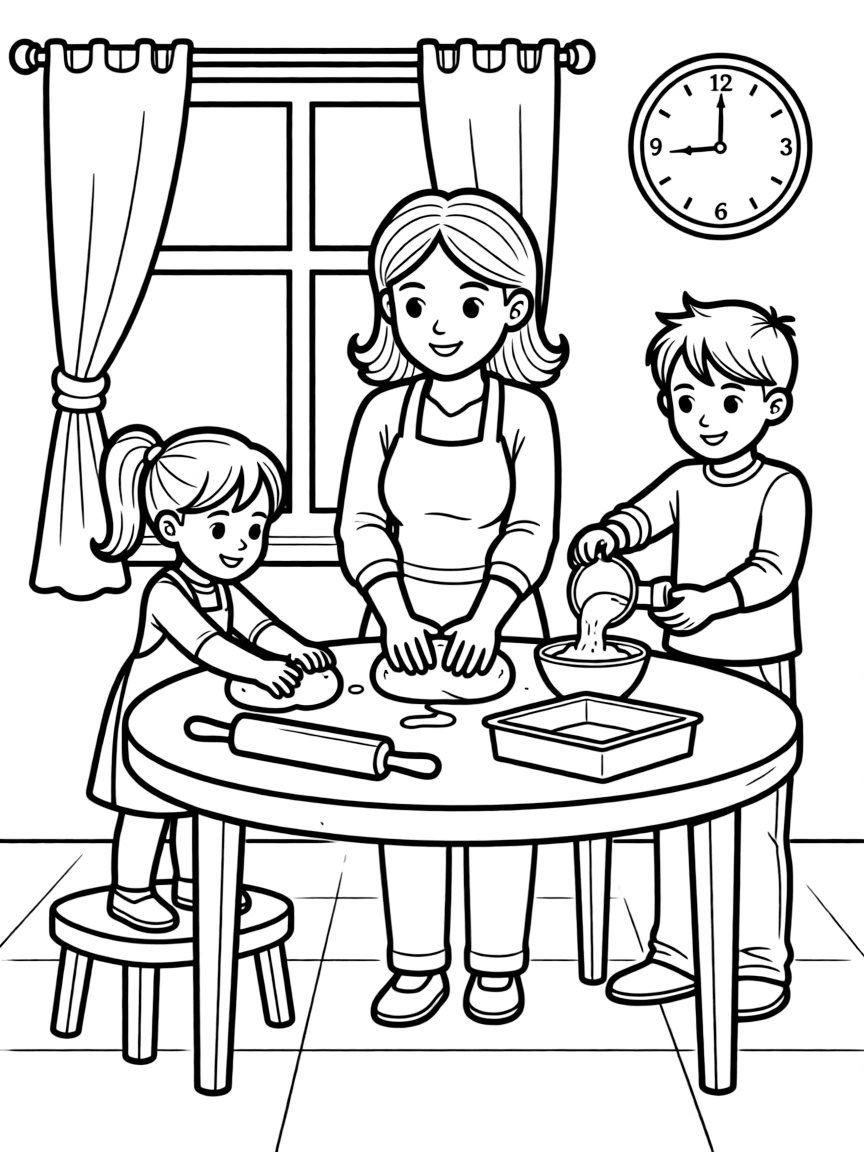 (family) Children helping mom make homemade bread