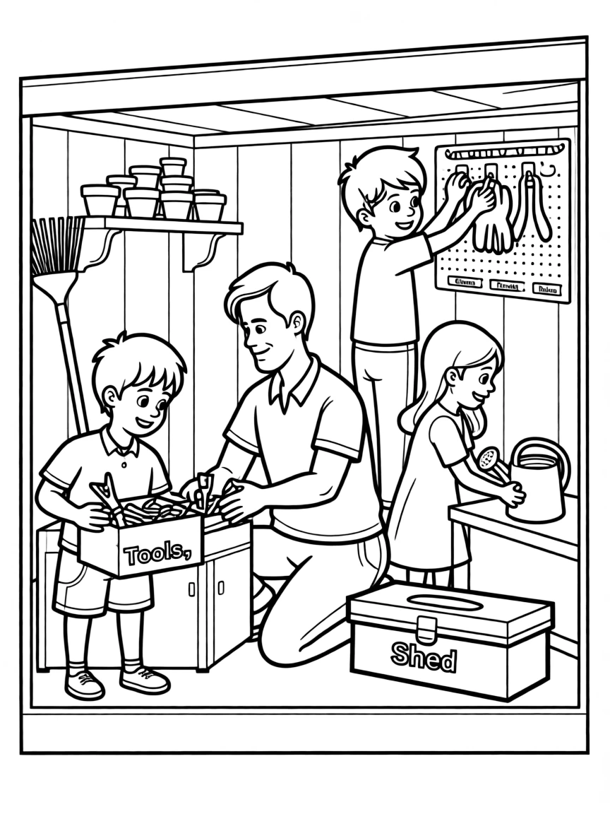 (family) Children helping dad organize the shed
