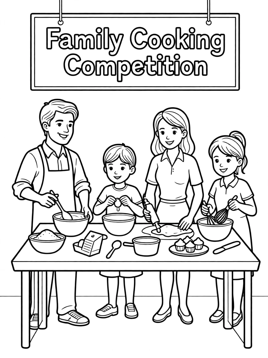 (family) Family having a cooking competition