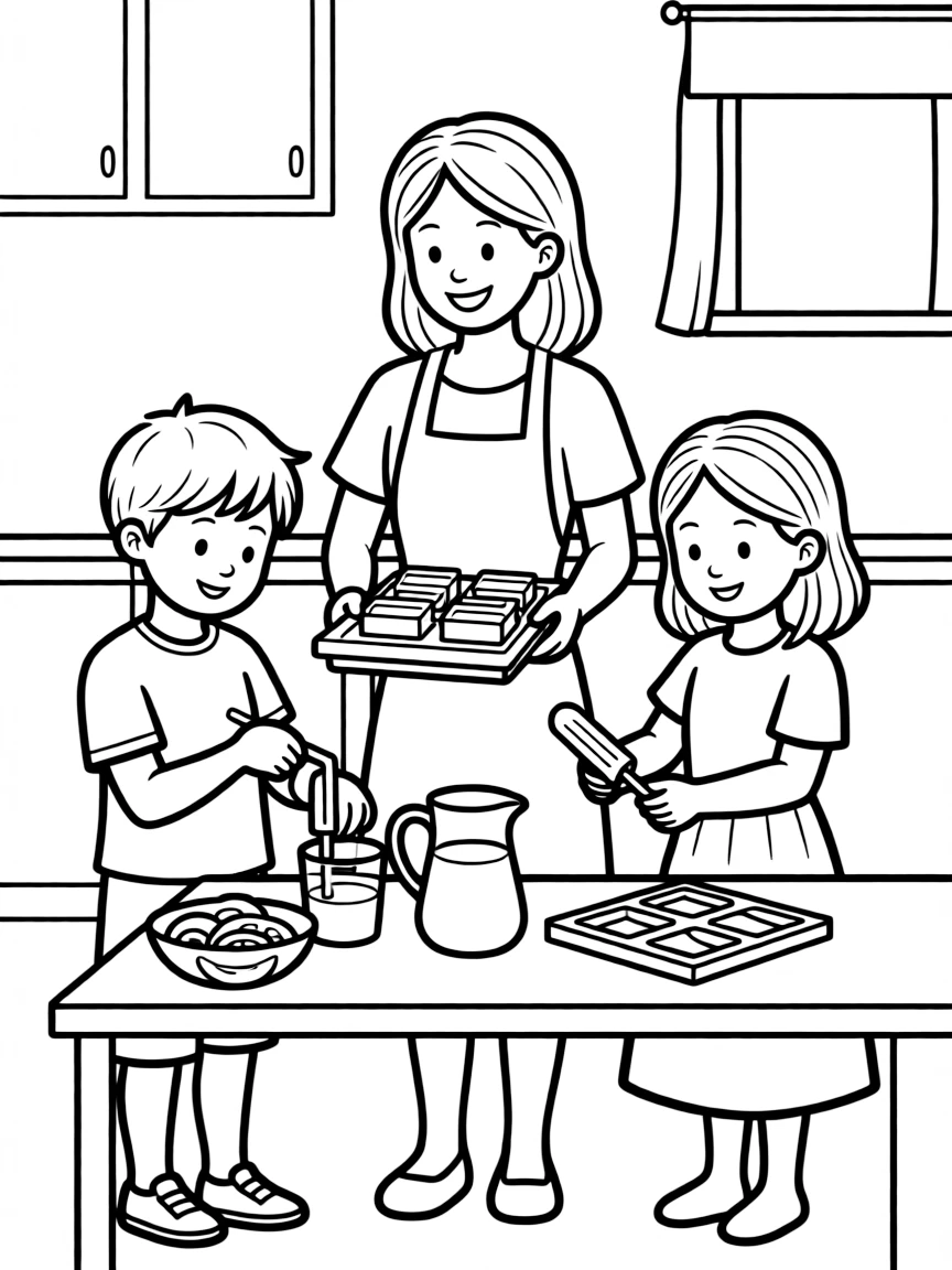 (family) Kids helping mom make juice popsicles