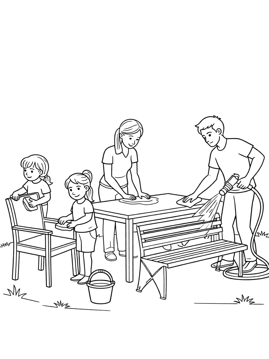 (family) Children helping parents wash outdoor furniture