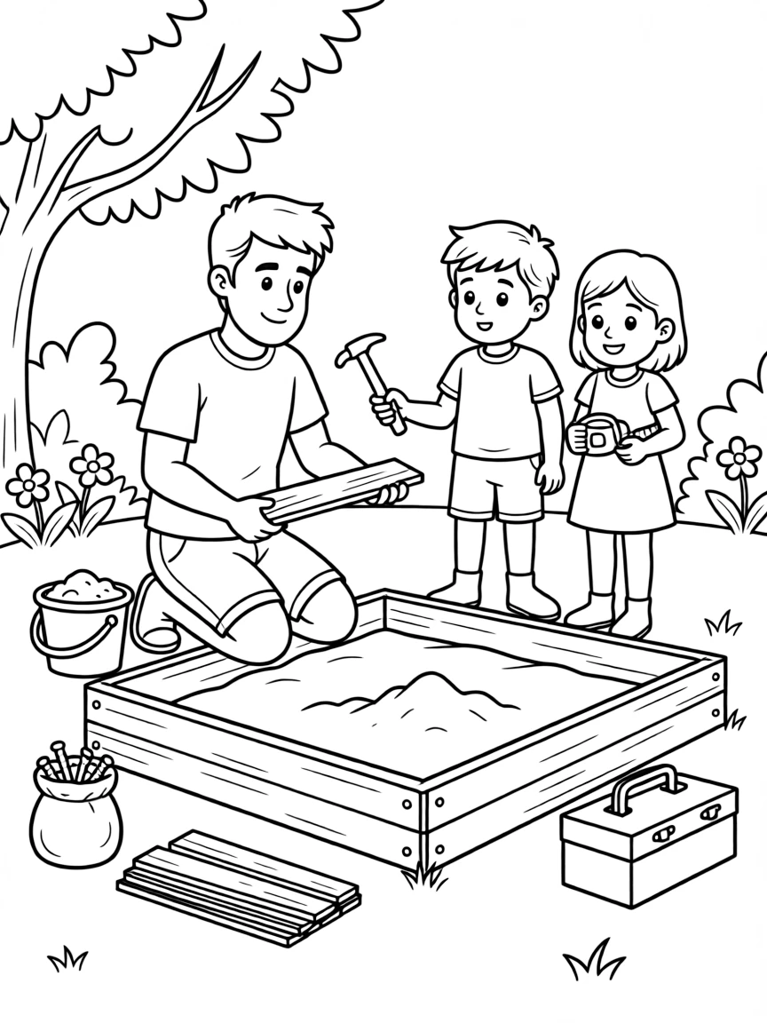 (family) Kids helping dad build a sandbox