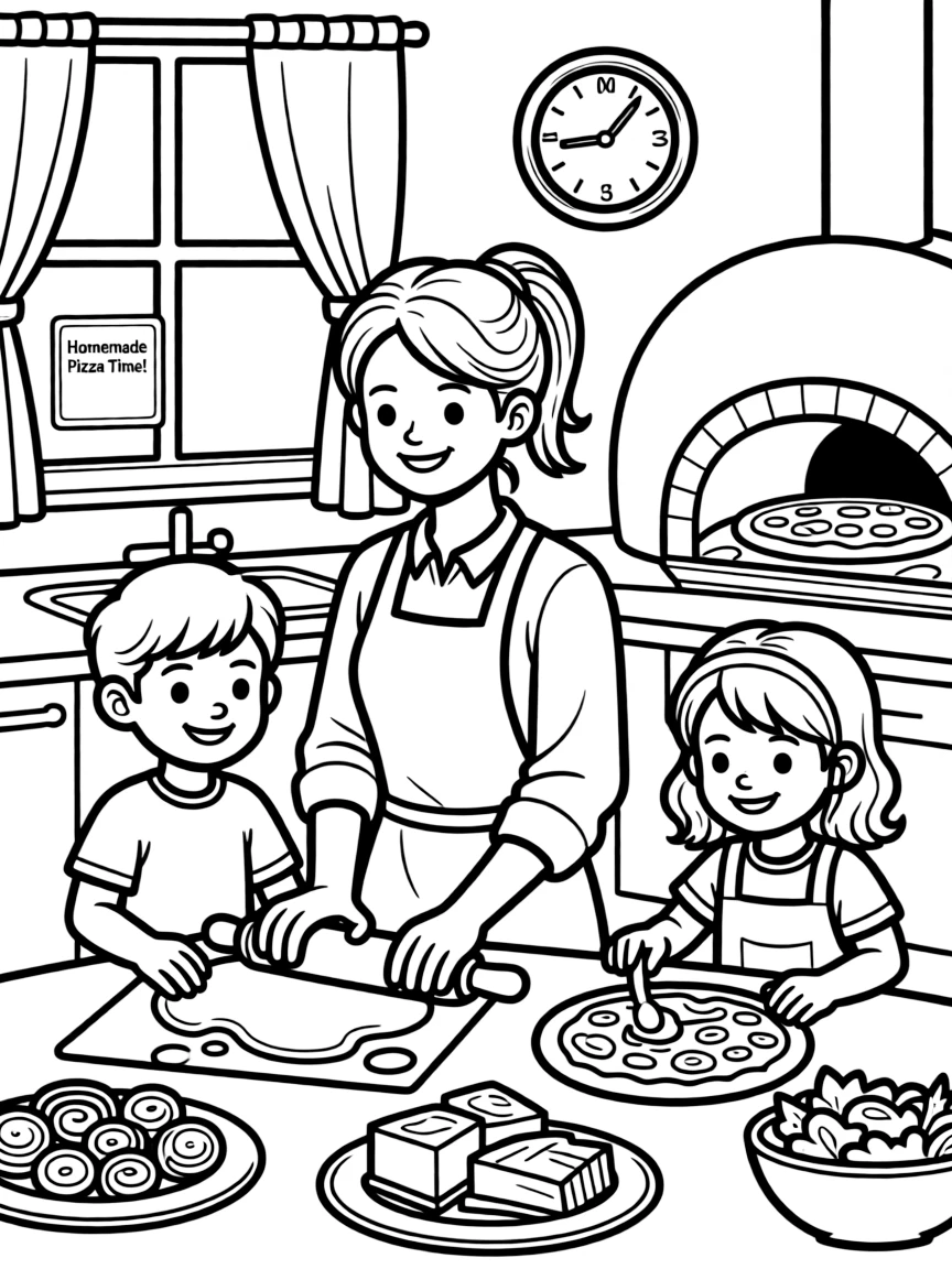 (family) Children helping mom make homemade pizza