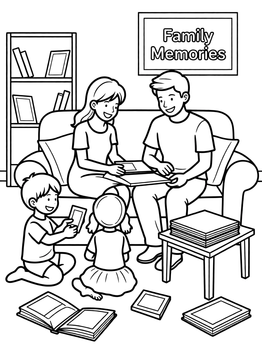 (family) Kids helping parents organize photos