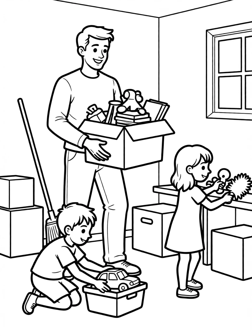 (family) Children helping dad clean the basement