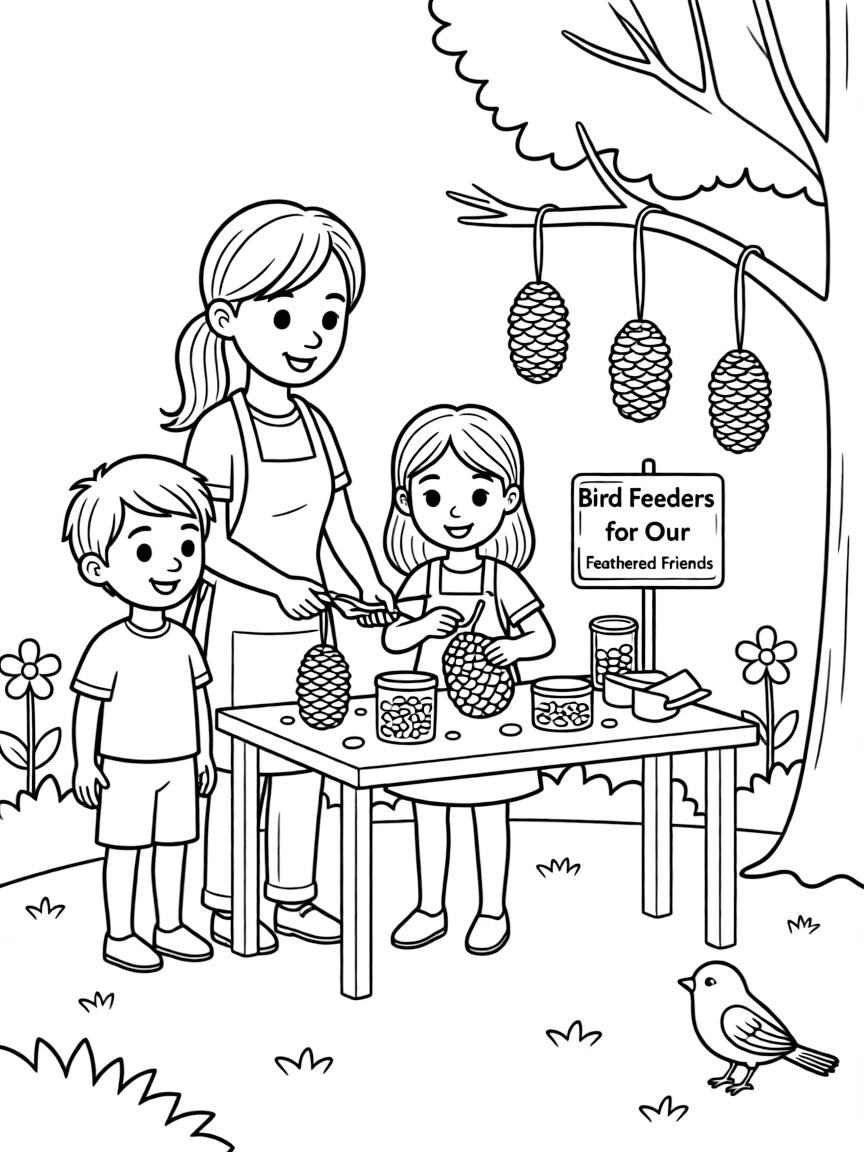 (family) Kids helping mom make bird feeders