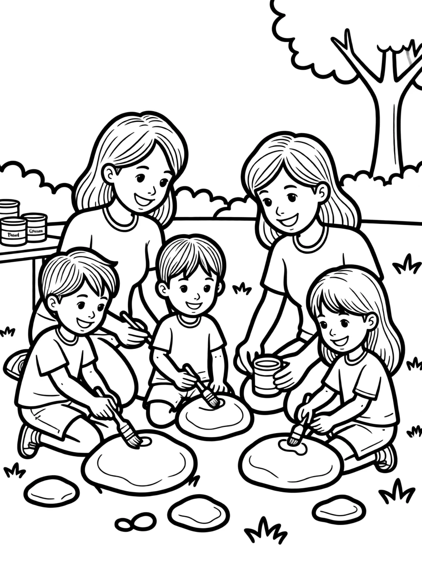 (family) Children helping parents paint rocks