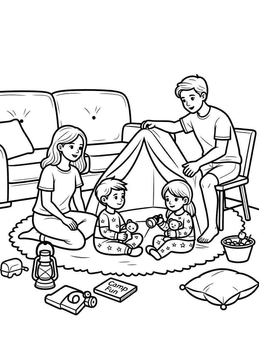 (family) Family having a living room campout