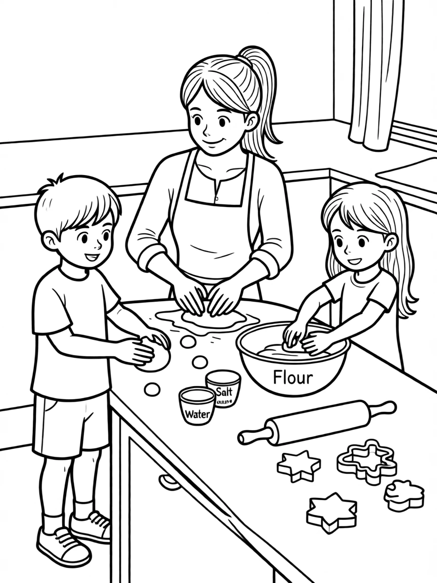 (family) Children helping mom make playdough