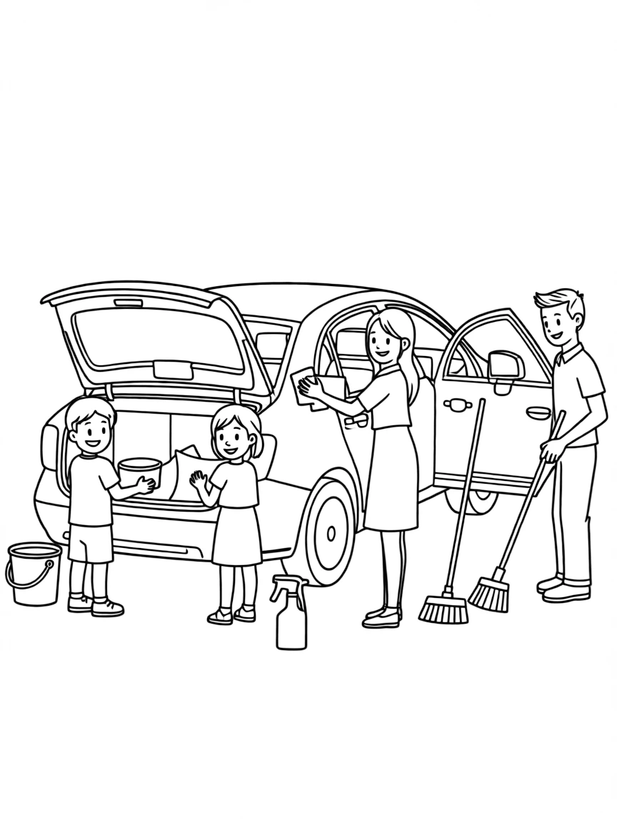 (family) Kids helping parents clean out car