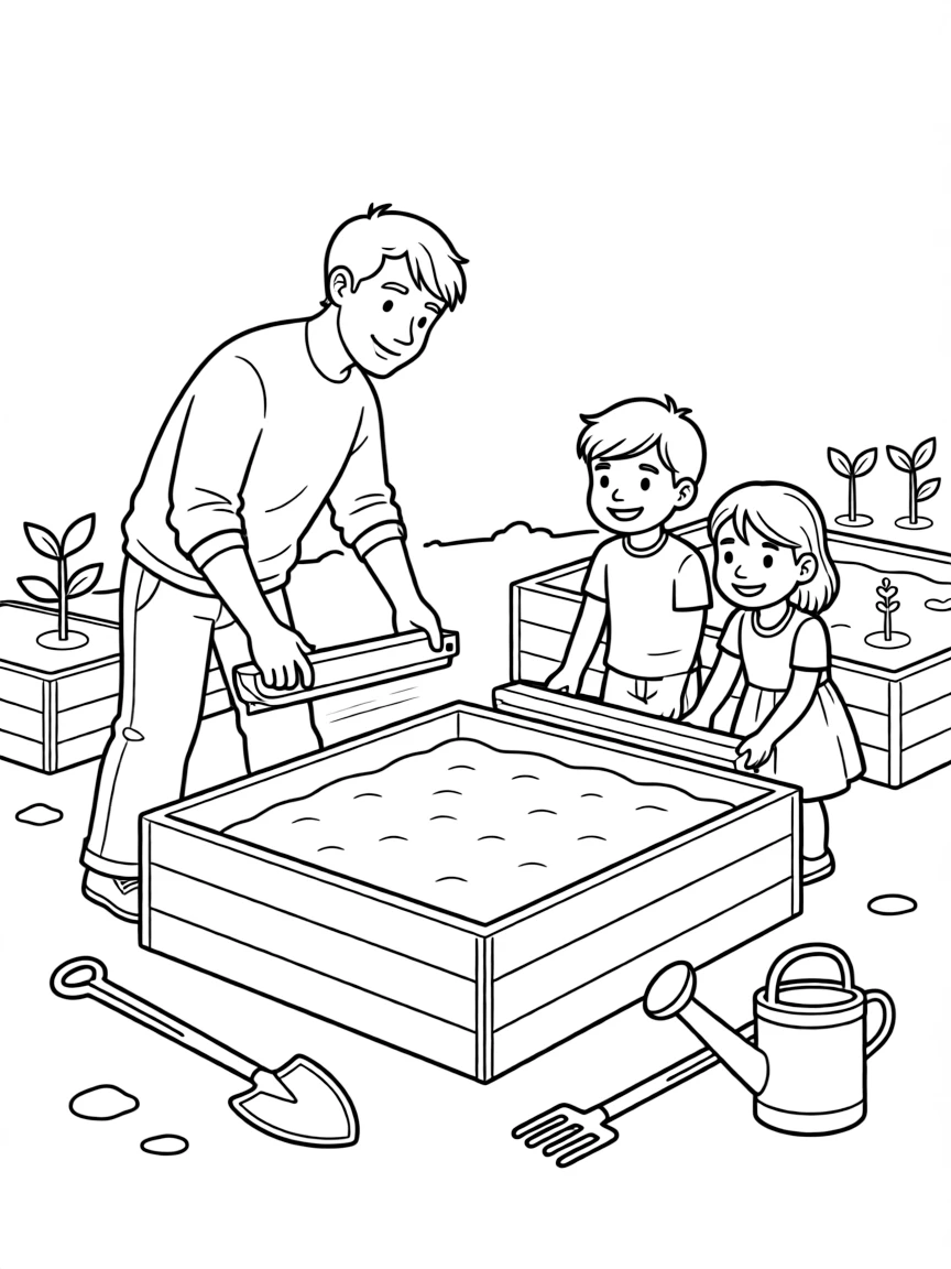 (family) Children helping dad build raised garden beds