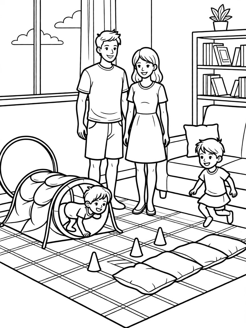 (family) Family having a indoor obstacle course