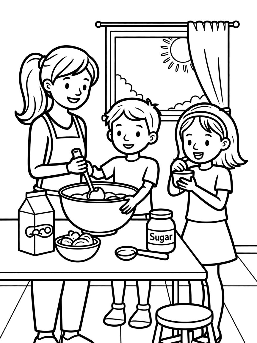 (family) Kids helping mom make homemade ice cream