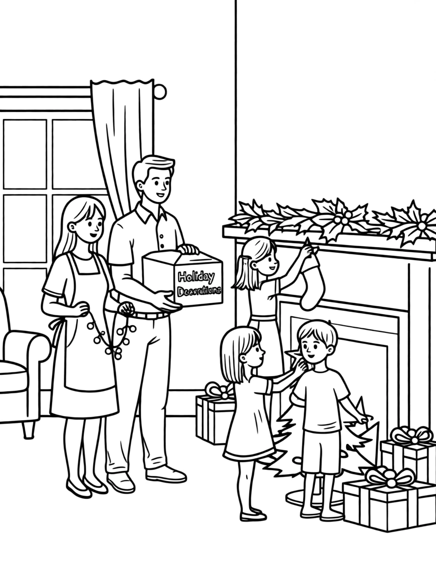(family) Children helping parents organize holiday decorations