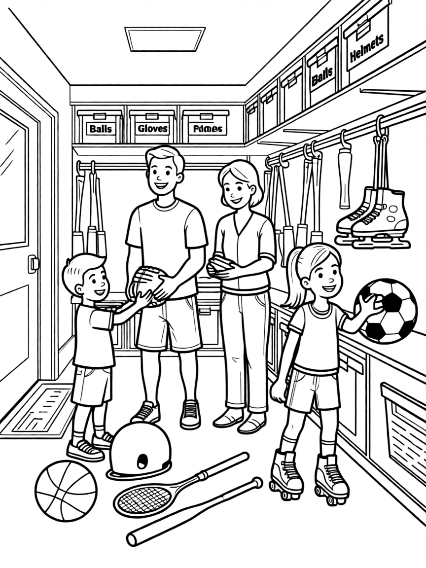 (family) Kids helping parents organize sports equipment