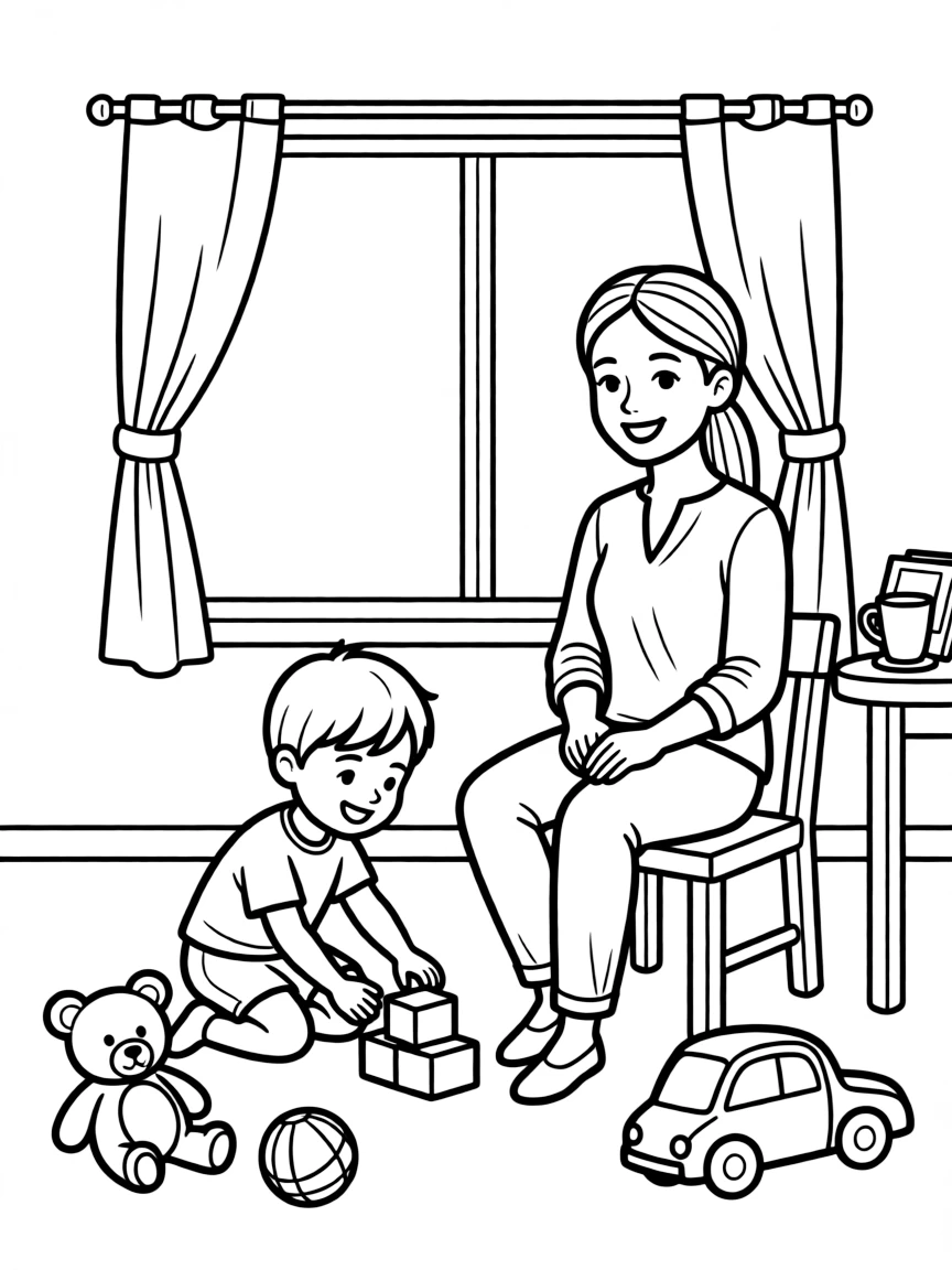 A baby sitter is looking after a toddler.