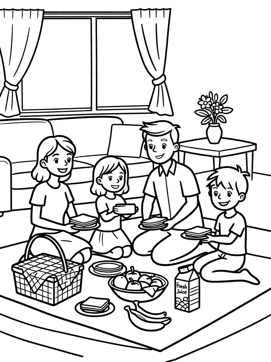 (family) Family having a indoor picnic