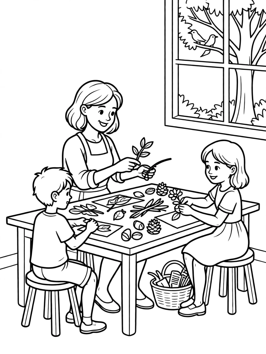 (family) Kids helping mom make nature crafts