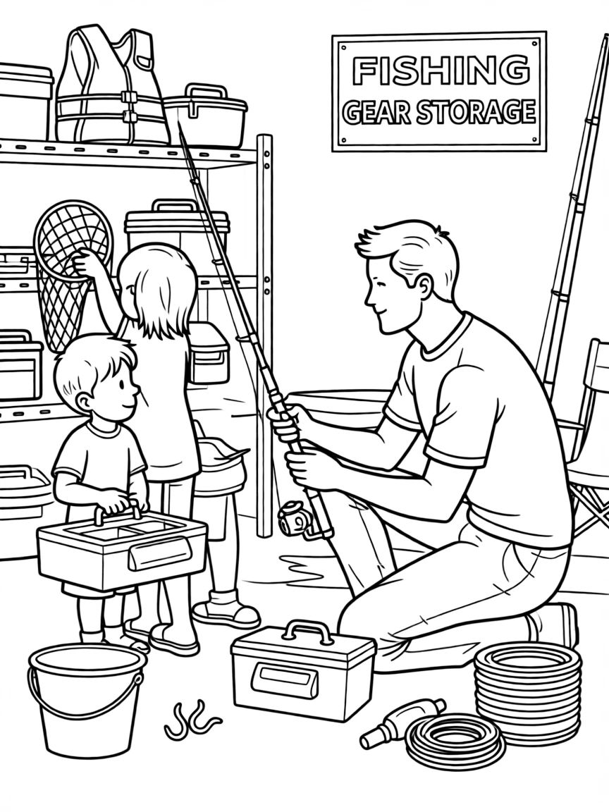 (family) Kids helping dad organize fishing gear
