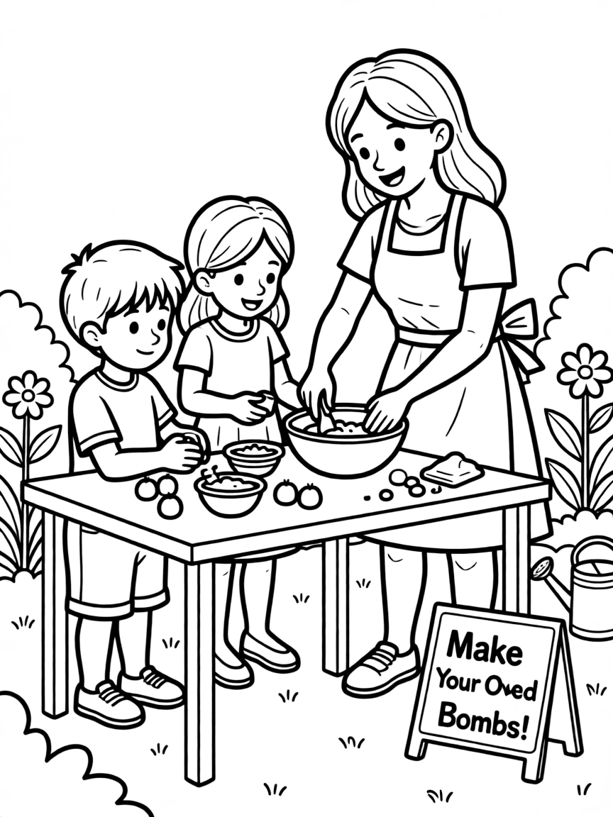 (family) Children helping mom make seed bombs