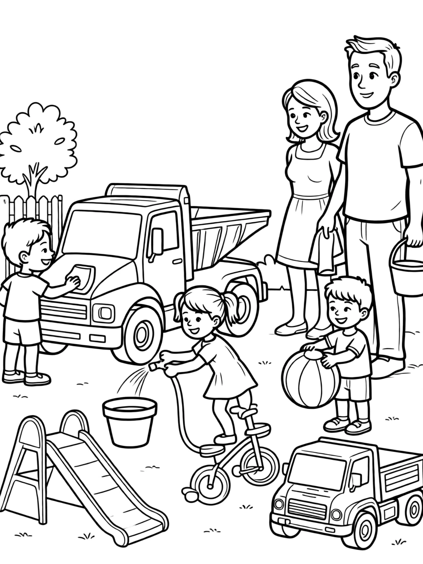 (family) Kids helping parents clean outdoor toys