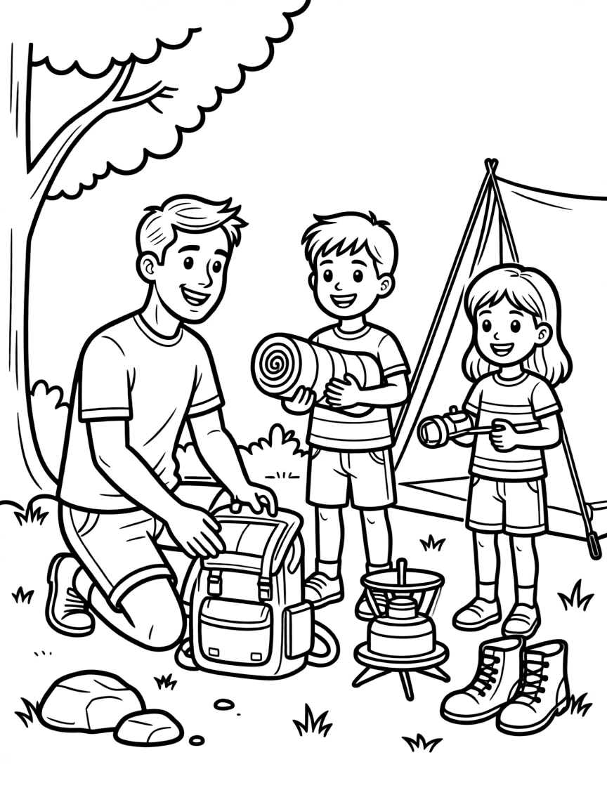 (family) Children helping dad organize camping gear