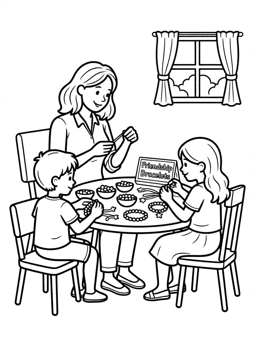 (family) Kids helping mom make friendship bracelets