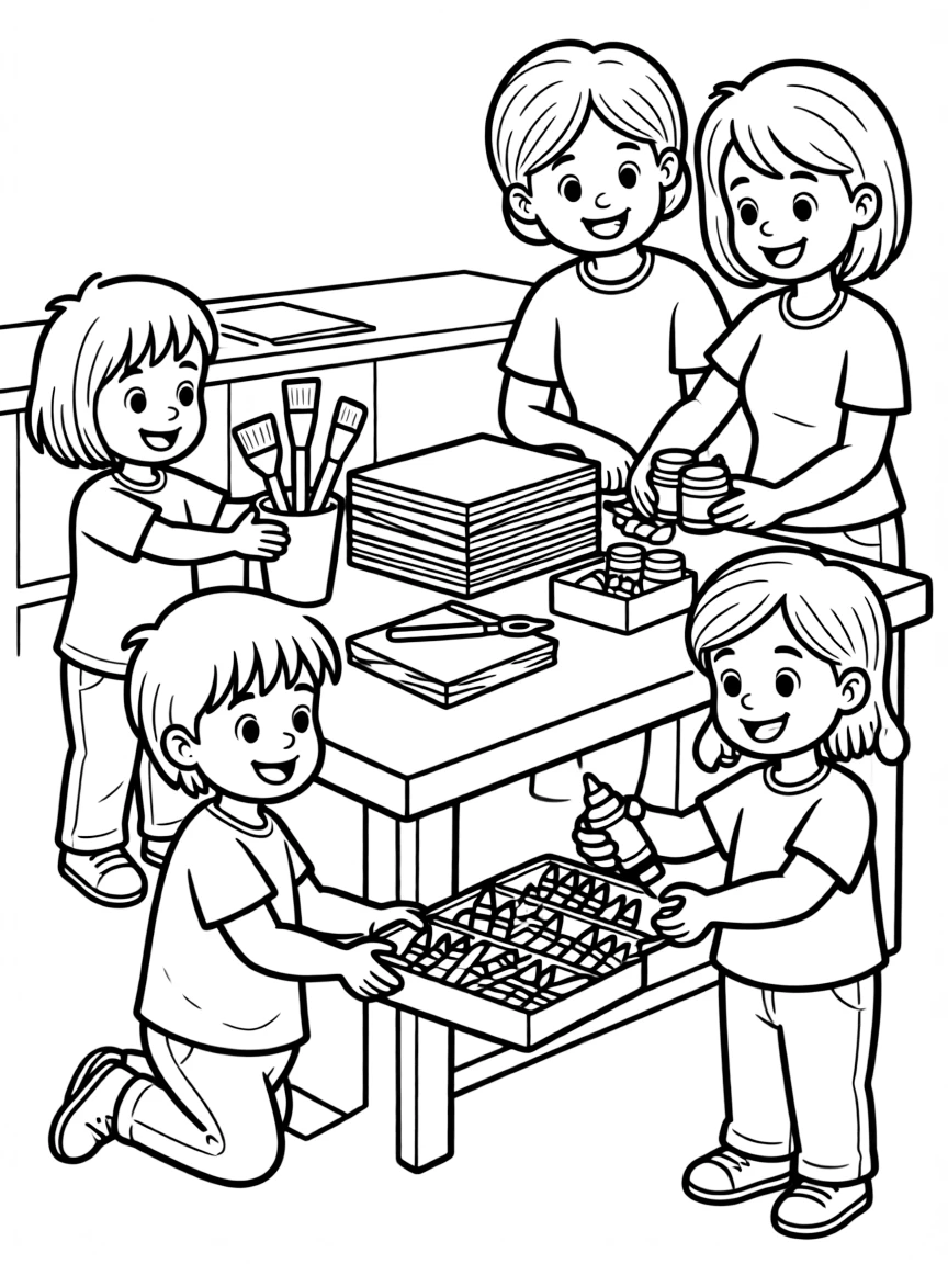 (family) Children helping parents organize art supplies