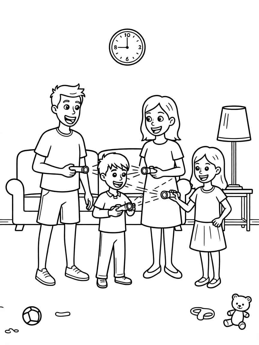 (family) Family having a flashlight tag game