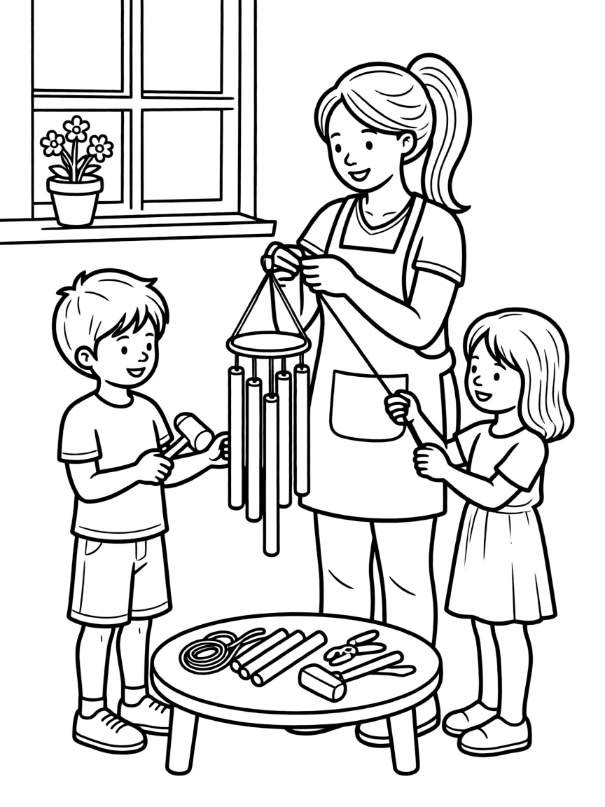 (family) Children helping mom make wind chimes