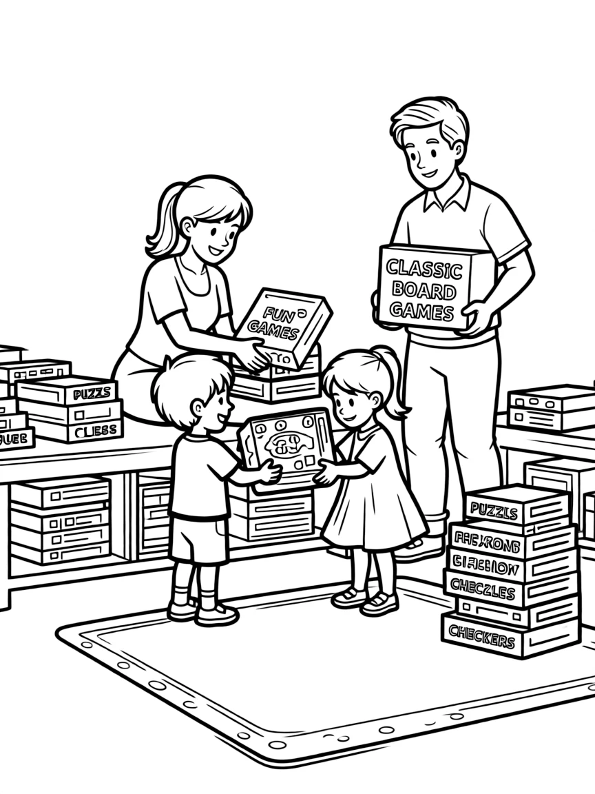 (family) Kids helping parents organize board games