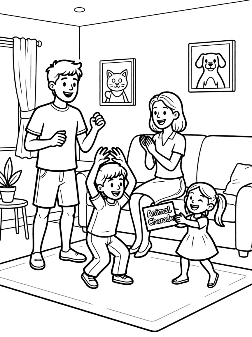 (family) Family playing animal charades