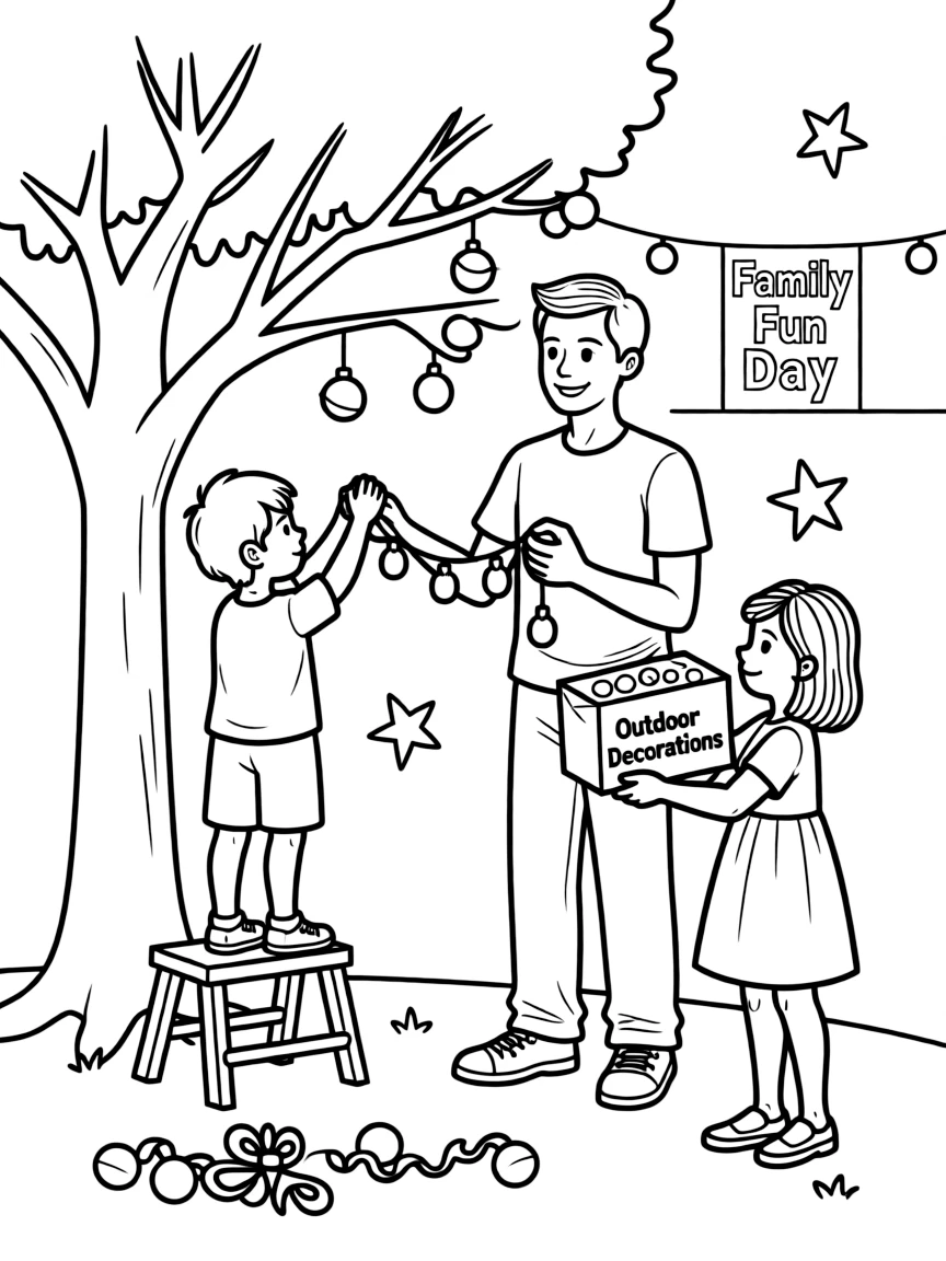 (family) Children helping dad organize outdoor decorations