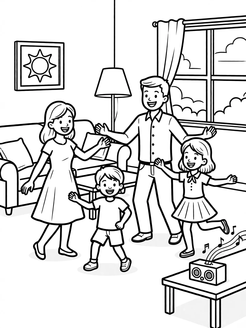 (family) Family having a living room dance party