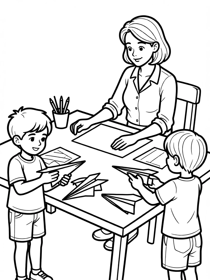 (family) Kids helping mom make paper airplanes