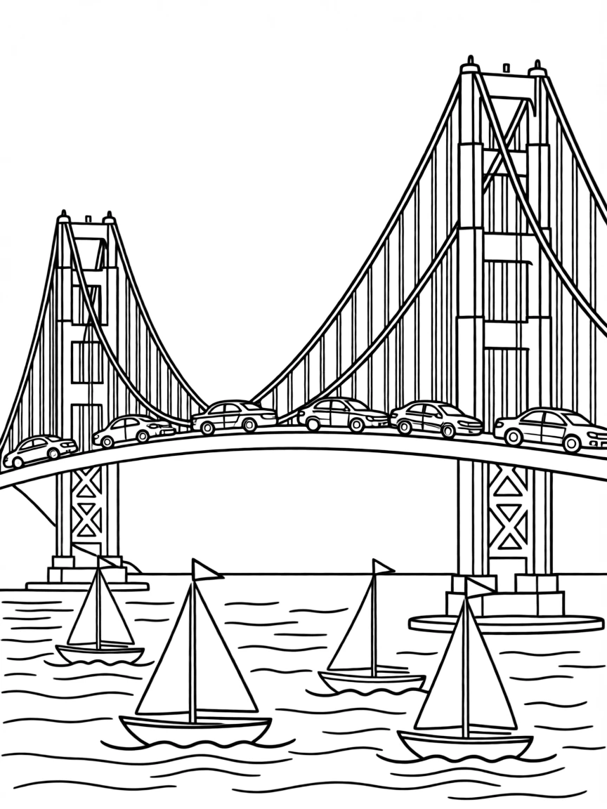 (California) Golden Gate Bridge with cars driving across and sailboats underneath