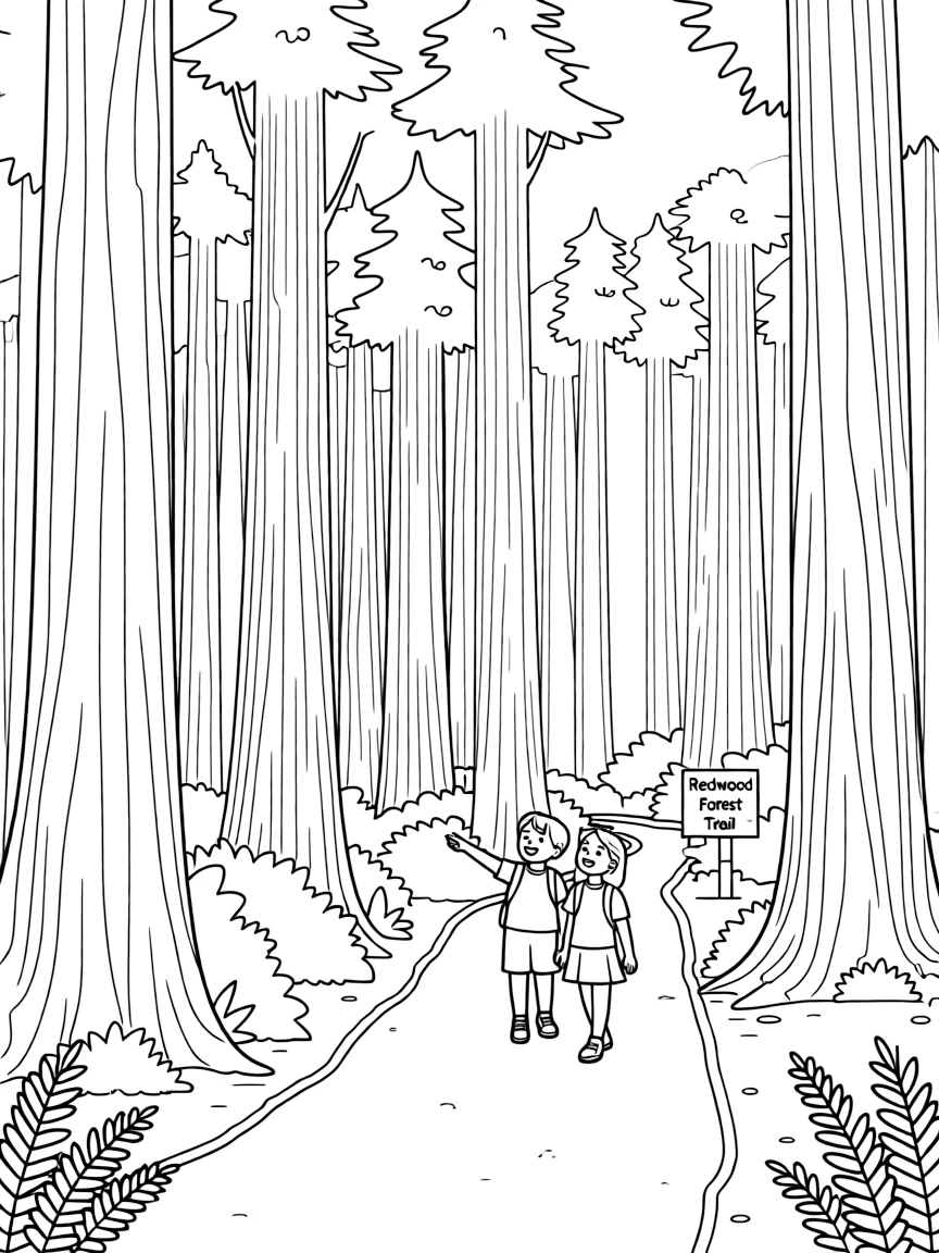(California) Redwood trees towering over a forest path