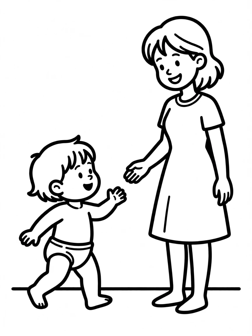A baby is walking towards her mom, wearing a diaper.