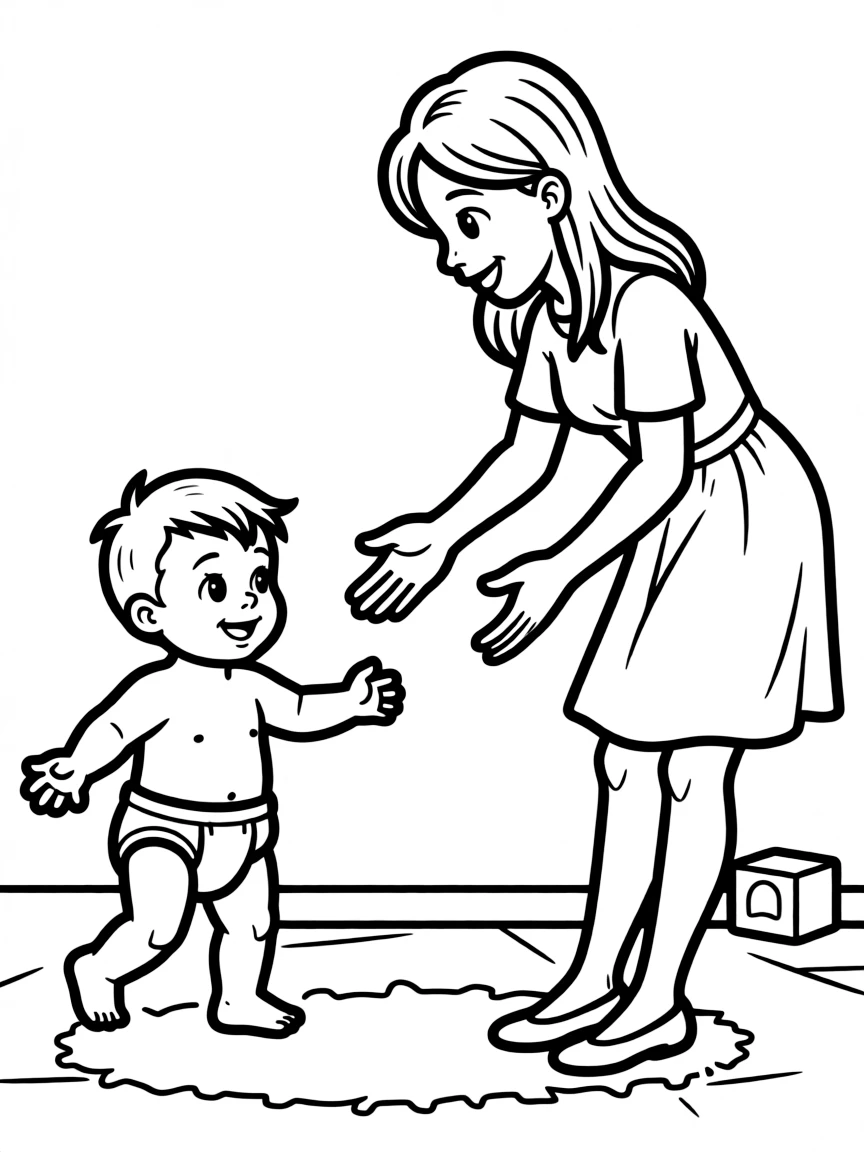 A baby is walking towards her mom, wearing a diaper.